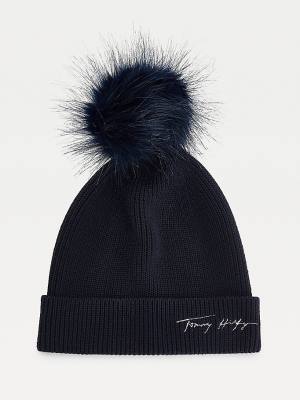 Tommy Hilfiger Signature Pom Pom Beanie Ženske Kapa Modra | TH391IFC