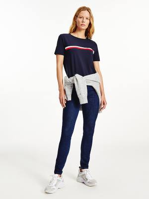 Tommy Hilfiger Signature Tape Crew Neck Ženske Majice Modra | TH028EAZ