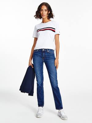 Tommy Hilfiger Signature Tape Crew Neck Ženske Majice Bela | TH532ISA