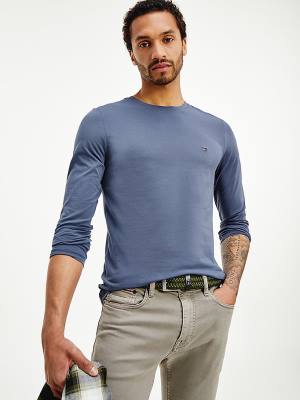 Tommy Hilfiger Slim Fit Long Sleeve Moški Majice Modra | TH124KMV