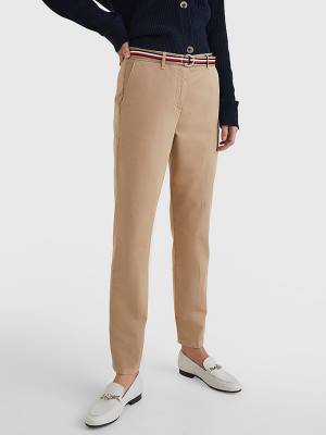 Tommy Hilfiger Slim Signature Belt Chinos Ženske Hlače Bež | TH137FPE