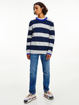 Tommy Hilfiger Stripe Organic Cotton Jumper Moški Puloverji Modra | TH107GMK