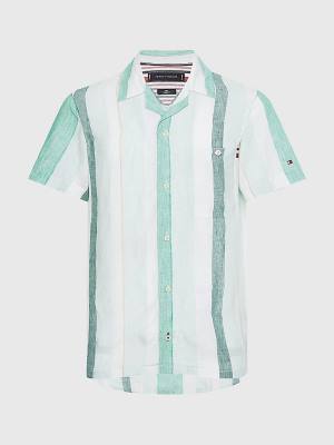 Tommy Hilfiger Stripe Short Sleeve Linen Moški Srajce Zelena | TH924HVK