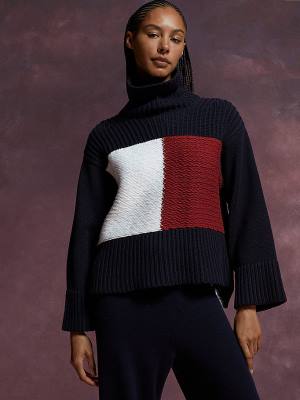 Tommy Hilfiger TH Collection Flag Icon Ribbed Jumper Ženske Puloverji Modra | TH738PRD