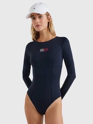 Tommy Hilfiger TH Flex Long Sleeve One-Piecesuit Ženske Kopalke Modra | TH021SYG