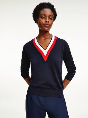 Tommy Hilfiger Tipped V-Neck Jumper Ženske Puloverji Modra | TH168EIB