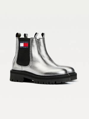 Tommy Hilfiger Tommy Badge Metallic Leather Cleat Ženske Škornji Siva | TH920FYK