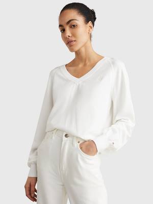 Tommy Hilfiger V-Neck Puff Sleeve Relaxed Fit Jumper Ženske Puloverji Bela | TH456DJE