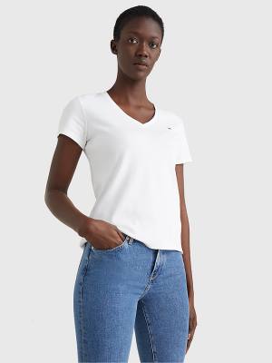 Tommy Hilfiger V-Neck Slim Fit Ženske Majice Bela | TH945SPE