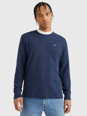 Tommy Hilfiger Waffle Crew Neck Long Sleeve Top Moški Majice Modra | TH087TLB