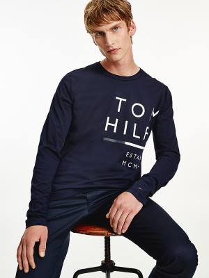 Tommy Hilfiger Wraparound Logo Long Sleeve Moški Majice Modra | TH731QOV